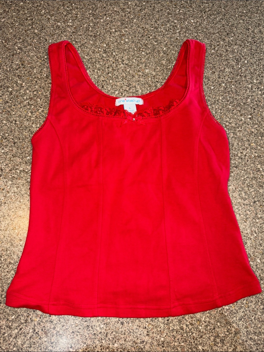 One Step Up y2k Red Scoop-Neck Tank with Lace Trim
